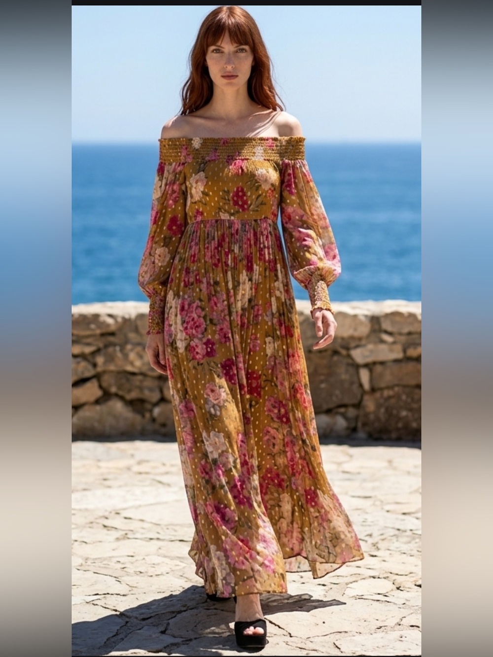 Rococo Sand Floral Maxi Dress in Mustard and Pink